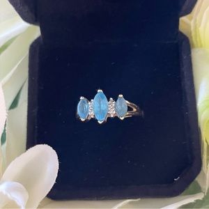 14K YELLOW GOLD SIZE 6.5 AQUAMARINE STONES DIAMOND CHIPS